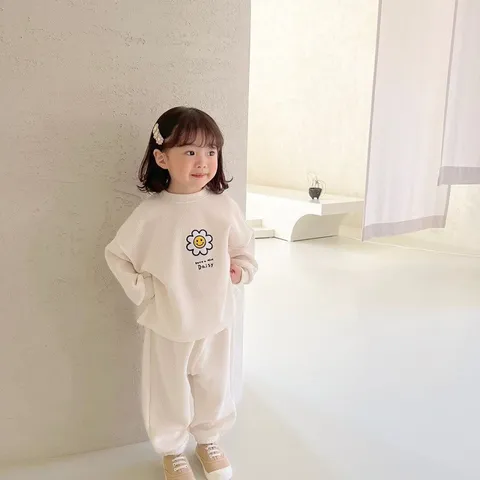 Kids Girls Autumn Casual Set Long Sleeve Crew Neck Sweatshirt And Pants Sunflower Embroidery Cotton Children Clothes