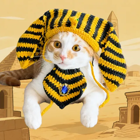 Set Cappello E Bavaglino Costume Faraone Halloween per Animali Stile Egiziano Uncinetto Gatto Cane Cosplay Festa Accessori