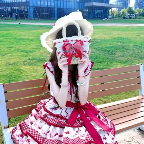 Dolce Cappello di Paglia Lolita Estate Cappello da Sole in Pizzo Pastorale Cappello da Spiaggia Principessa Vintage Con Decorazione di Ciliegia e Borsa di Paglia Abbinata