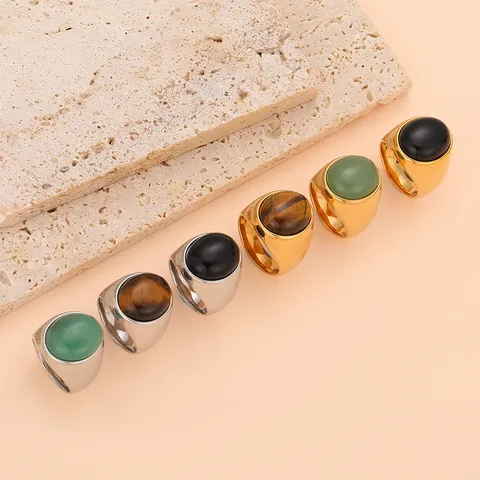 Stainless Steel Oval Tiger Eye Green Black Stone Couple Ring Light Luxury Geometric Statement Finger Ring