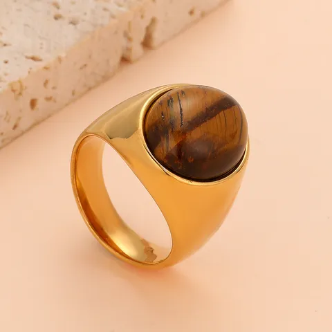 Stainless Steel Oval Tiger Eye Green Black Stone Couple Ring Light Luxury Geometric Statement Finger Ring
