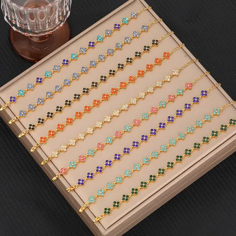 Luxury Stainless Steel Clover Bracelet Gold Plated Rhinestone Charm Bracelet Fashion Hand Jewelry Gift For Women