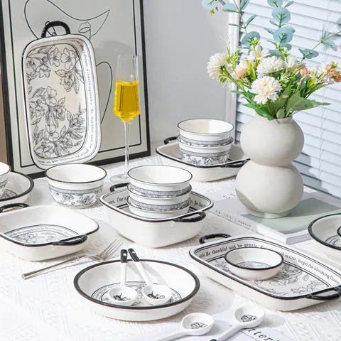 Style Nordique Bol de Riz en Céramique Baguettes Assiette Set Couleur Sous-glaçon Floral Service de Table Cuisine Domestique