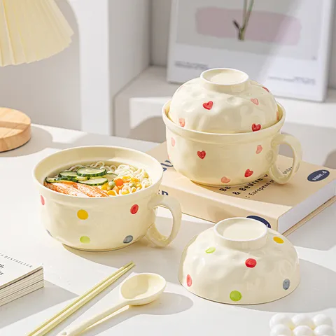 Household Ceramic Instant Noodle Bowl Set with Lid and Handle Cute Heart Polka Dot Design Student Dormitory Tableware Bowl