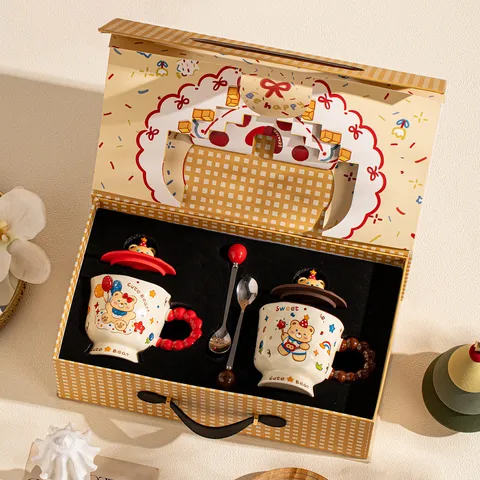 Cartoon Bear Ceramic Mug Set With Lid And Spoon Underglaze Cute Coffee Milk Cup With Gift Box For Birthday Home