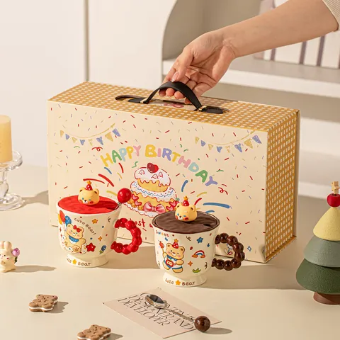 Cartoon Bear Ceramic Mug Set With Lid And Spoon Underglaze Cute Coffee Milk Cup With Gift Box For Birthday Home