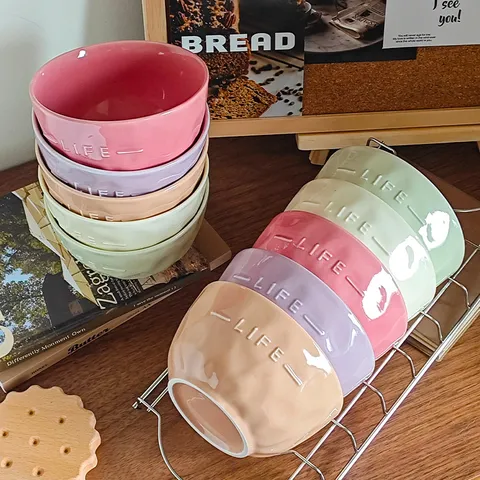 Bol de Riz en Céramique Style Ins Ménage Bol à Dessert Glacé Avec Lettre Life Gaufrée Vaisselle de Cuisine