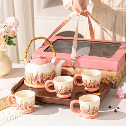 Pastoral Style Ceramic Teapot And Water Cup Set With Bamboo Handle And Wooden Tray Floral Pattern Drinkware Set Gift Box For Home Afternoon Tea