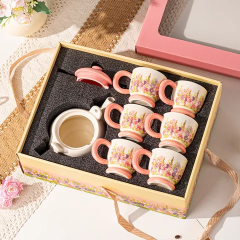 Pastoral Style Ceramic Teapot And Water Cup Set With Bamboo Handle And Wooden Tray Floral Pattern Drinkware Set Gift Box For Home Afternoon Tea