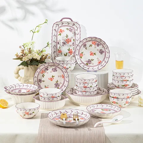 Ensemble de Bol et Plat Floral en Céramique Vaisselle Sous-glaçure Bol à Riz Bol à Soupe Ensemble de Vaisselle de Cuisine