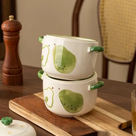 Pot à Mijoter en Céramique Peint à la Main Avec Doubles Couvercles Oreilles Motif Poire Verte Vaisselle de Cuisine Bol à Soupe