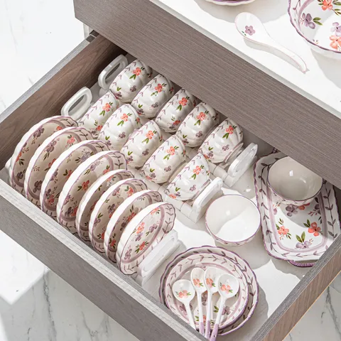 Ensemble de Bol et Plat Floral en Céramique Vaisselle Sous-glaçure Bol à Riz Bol à Soupe Ensemble de Vaisselle de Cuisine