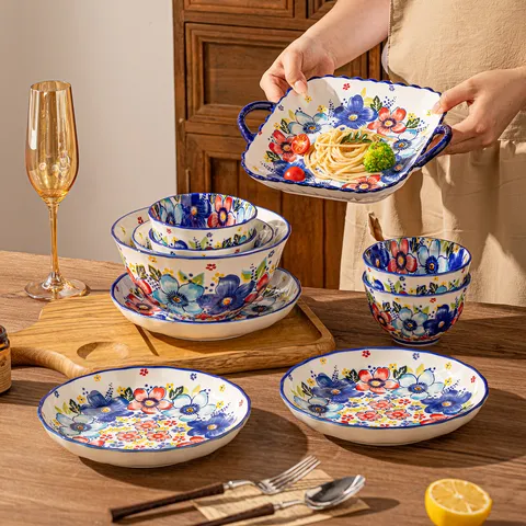 Service de Table en Céramique à Motif Floral d'Été Set de Bols et Assiettes Peints sous Glaçure pour Cuisine Quotidienne