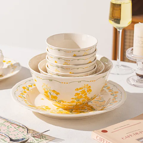 Bol de Riz en Céramique Bol à Soupe Motif de Fleurs de Colza Sous Glaçure Style Japonais Vaisselle Cuisine