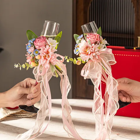 Romantic Glass Champagne Goblet Pair Floral Ribbon Artificial Pearl Decoration Wedding Anniversary Engagement Atmosphere Wine Glasses