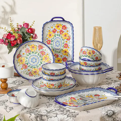 Service de Vaisselle en Céramique Florale Bohème Couleur Sous-glaçure Bols et Assiettes pour Cuisine