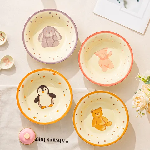 Assiette de Dîner en Céramique Mignonne de Dessin Animé Couleur Sous Glaçure Créative Plat de Pâtes de Fruits Vaisselle de Style Animal Mignon Pour Cuisine