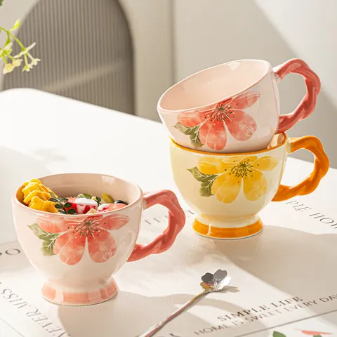 Hand Painted Ceramic Coffee Mug With Twisted Handle Cute Floral Breakfast Milk Cup Large Capacity Drinkware Gift