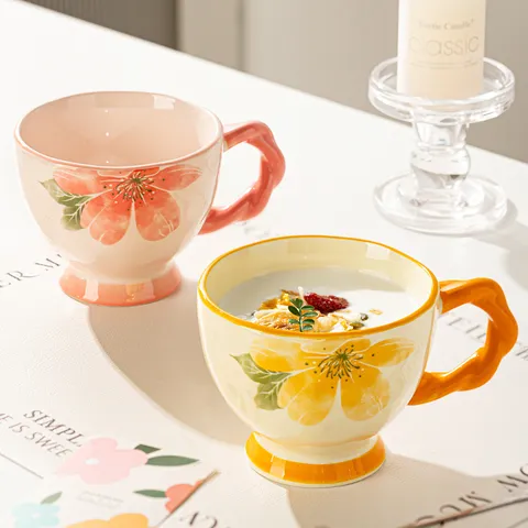 Hand Painted Ceramic Coffee Mug With Twisted Handle Cute Floral Breakfast Milk Cup Large Capacity Drinkware Gift