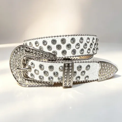 Women Luxurious Rhinestone Faux Leather Belt Alloy Pin Buckle Shiny Crystal Geometric Waistband For Western Cowboy Casual Fashion Decoration