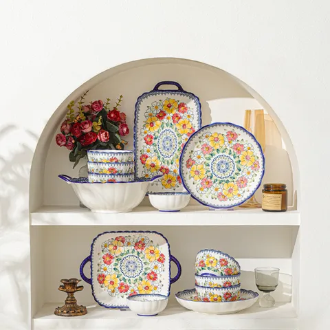 Service de Vaisselle en Céramique Florale Bohème Couleur Sous-glaçure Bols et Assiettes pour Cuisine