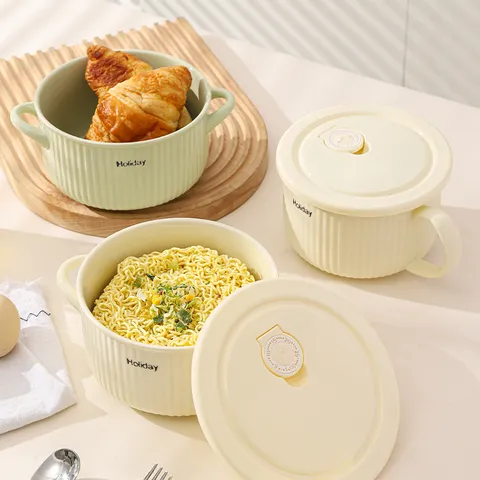 Bol à Nouvelles Instantanées en Céramique avec Couvercle et Poignée Bol à Soupe Émaillé Rayé pour Maison Dortoir Table de Cuisine