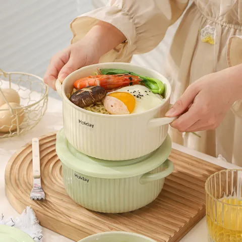 Bol à Nouvelles Instantanées en Céramique avec Couvercle et Poignée Bol à Soupe Émaillé Rayé pour Maison Dortoir Table de Cuisine