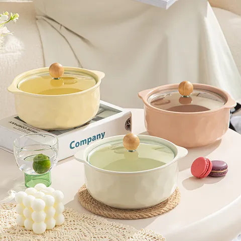 Bol à Nouvelles Instantanées en Céramique Avec Couvercle Binaural Compatible Micro-Ondes Bol à Soupe Vaisselle de Dépôt