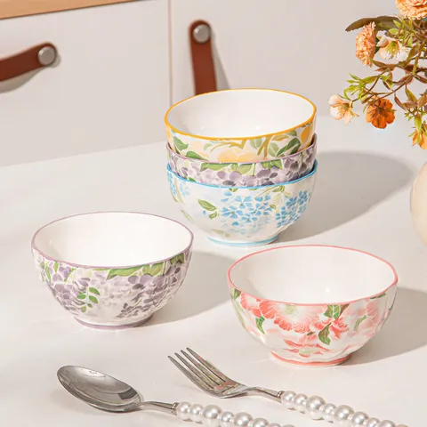 Bol de Riz en Céramique Sous Glaçure Motif Floral Vaisselle de Cuisine Set de Bols de Salle à Manger Pour Maison Restaurant