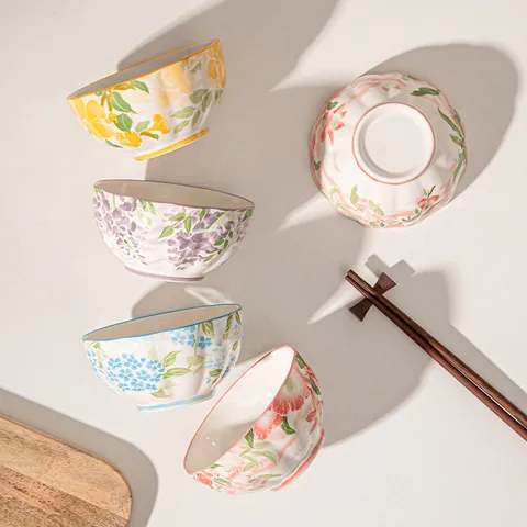 Bol de Riz en Céramique Sous Glaçure Motif Floral Vaisselle de Cuisine Set de Bols de Salle à Manger Pour Maison Restaurant