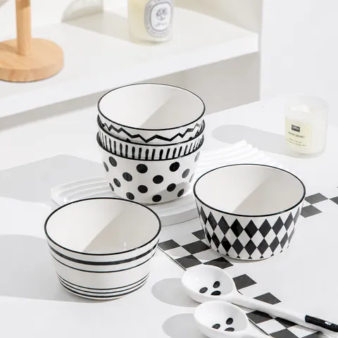 Bol à Riz en Céramique de Style Japonais Motif Géométrique Noir et Blanc Vaisselle Bol à Soupe pour Maison Cuisine Salle à Manger