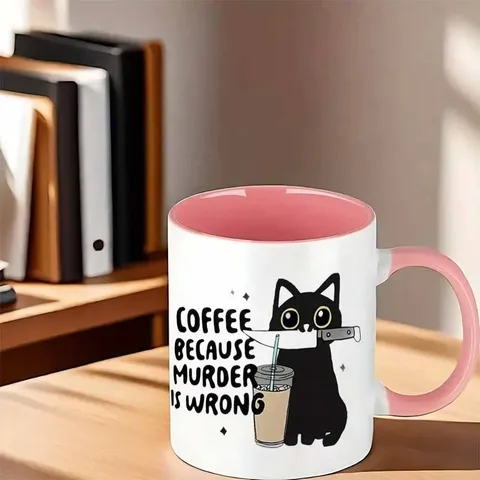 Moderne Keramik Kaffeetasse Süße Cartoon Illustration Lustiger Slogan Büro Wasserbecher Rosa Griff Keramik Tasse