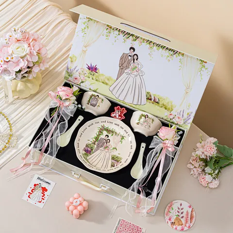 Hochzeit Geschirrset Keramik Schalen Teller Und Champagnergläser Geschenkbox Romantisch Paar Geschirr Geschenk