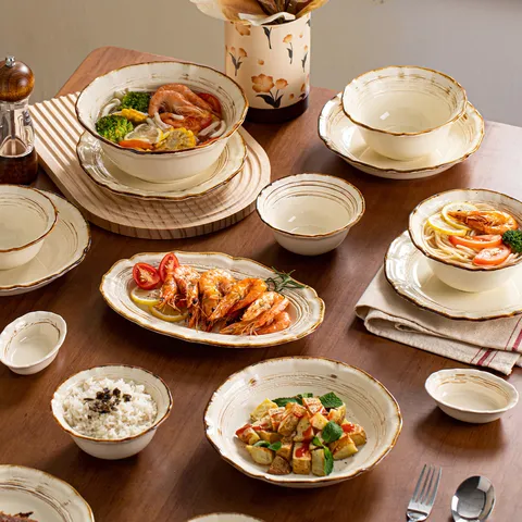 Rétro Changement de Four Céramique Bol et Plat Set de Vaisselle Minimaliste Maison Bol de Riz Bol de Soupe de Nouilles Plat de Dîner