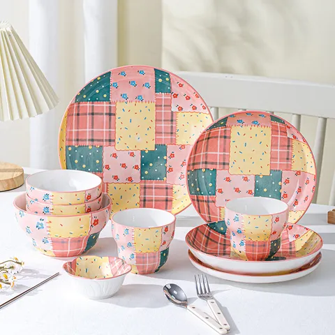 Vaisselle Créative en Céramique Patchwork Sous Glaçure Bol Assiette Tasse Design Floral Mignon Maison Cuisine Salle à Manger