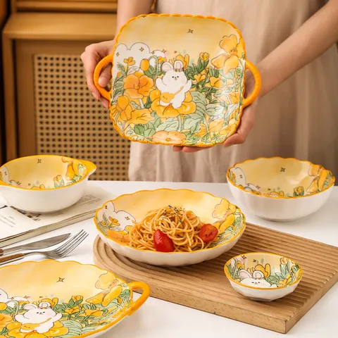 Joli Lapin de Dessin Animé Céramique Vaisselle Bol Assiette Bol à Salade Bol à Soupe Plaque de Cuisson Couleur Sous-glacée Vaisselle de Cuisine