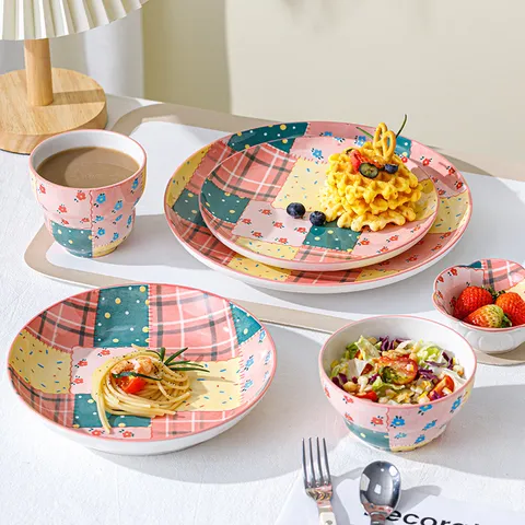 Vaisselle Créative en Céramique Patchwork Sous Glaçure Bol Assiette Tasse Design Floral Mignon Maison Cuisine Salle à Manger
