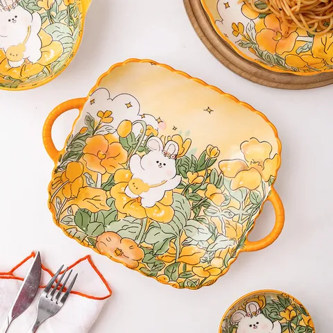 Joli Lapin de Dessin Animé Céramique Vaisselle Bol Assiette Bol à Salade Bol à Soupe Plaque de Cuisson Couleur Sous-glacée Vaisselle de Cuisine