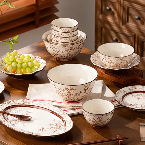 Bol à Bord Lotus en Céramique de Style Chinois Couleur Sous Glaçage Vaisselle Florale Bol à Soupe Riz Ménage Cuisine