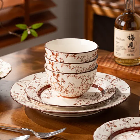 Bol à Bord Lotus en Céramique de Style Chinois Couleur Sous Glaçage Vaisselle Florale Bol à Soupe Riz Ménage Cuisine