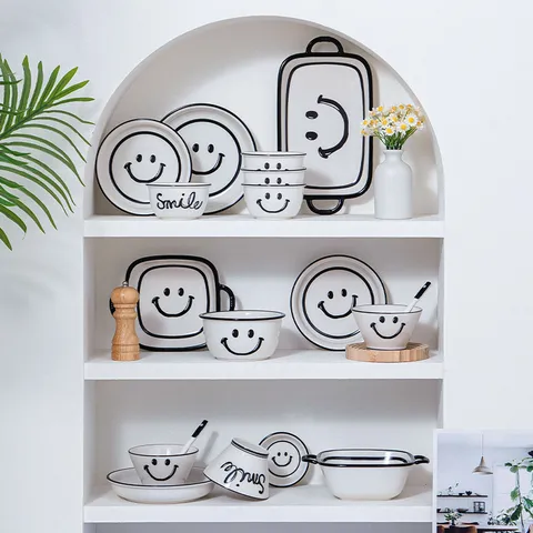 Ensemble de Vaisselle Bol de Riz et Plat en Céramique Style Ins Motif Sourire Mignon Moderne Minimaliste Cuisine à la Maison