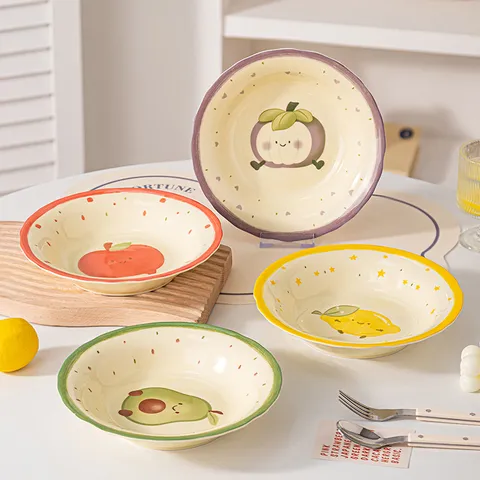 Assiette à Fruits en Céramique Sous-glaçage Créative Joli Motif Dessin Animé Vaisselle Plat à Pâtes Grande Capacité pour Cuisine Maison