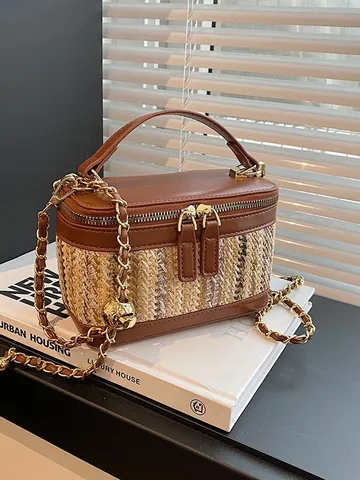 Sac à Main Boîte Poignée Supérieure Tissé en Paille Femme Chaîne Bandoulière Mode Patchwork Décontracté