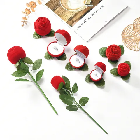 Kreative Beflockte Samt Rose Schmuck Geschenkschachtel Realistische Blumenform Ohrring Ring Box Romantischer Heiratsantrag Hochzeit Verlobung Organizer