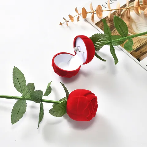 Kreative Beflockte Samt Rose Schmuck Geschenkschachtel Realistische Blumenform Ohrring Ring Box Romantischer Heiratsantrag Hochzeit Verlobung Organizer