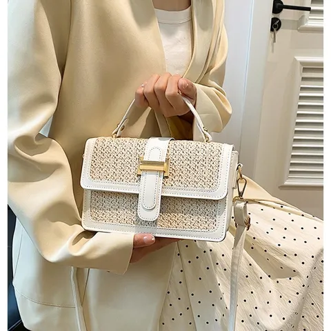 Sac Bandoulière en Paille Tissée pour Femmes Mode Cuir PU Patchwork Rabat Sac à Main Casual Vacances