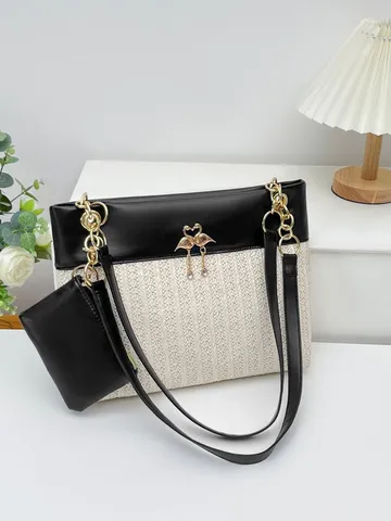 Sac Cabas Tissé en Paille Mode pour Femmes Bicolore Sac d'Épaule de Plage Décontracté Sac à Main Patchwork en Cuir PU Avec Bandoulière Chaîne