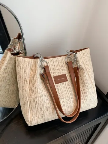 Femmes Été Plage Vacances Paille Tissée Cabas Décontracté Cuir PU Épaule Sac À Main Seau Sac