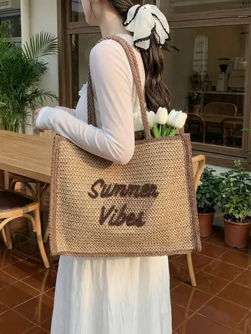 Grand Sac Cabas en Paille Tissée Grande Capacité pour Femmes Sac à Main de Plage Vacances Décontractées Sac Bandoulière Brodé de Lettres d'Été