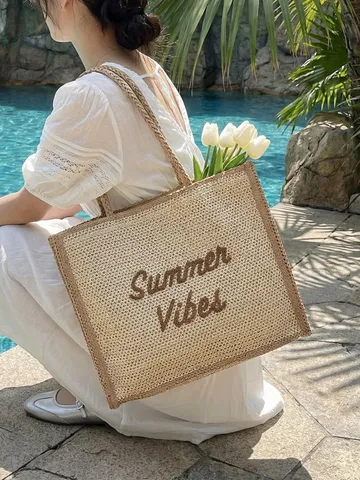 Grand Sac Cabas en Paille Tissée Grande Capacité pour Femmes Sac à Main de Plage Vacances Décontractées Sac Bandoulière Brodé de Lettres d'Été